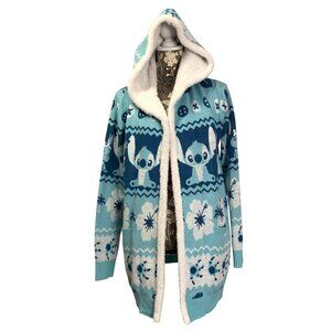 Disney Stitch Hooded Open Cardigan Sweater Blue & White Sherpa Lined Medium